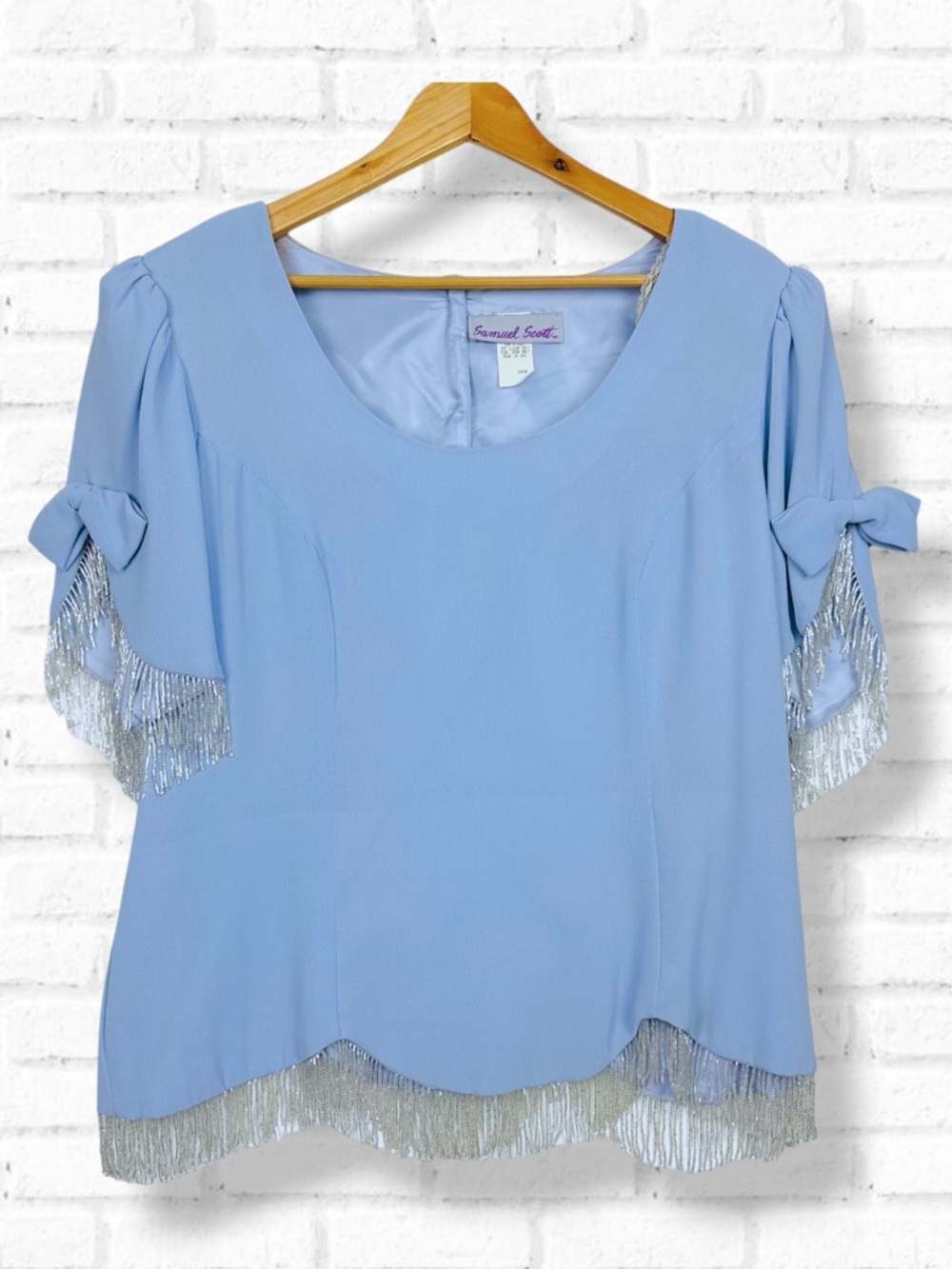 Samuel Scott Vintage Short Sleeve Back Button Beaded Fringe Blouse Light Blue